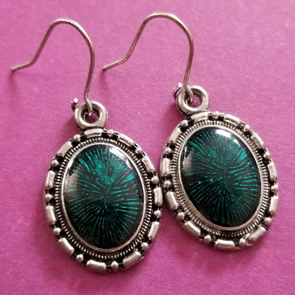 Green and silver tone oval earrings hook backs